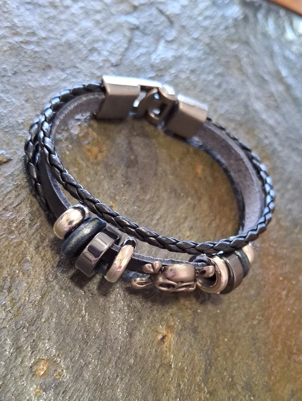 Black Leather Skull Bracelet with Metal Beads